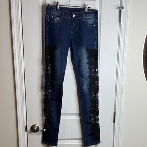 Dark Blue Skinny Jeans with Black Lace Side Panels